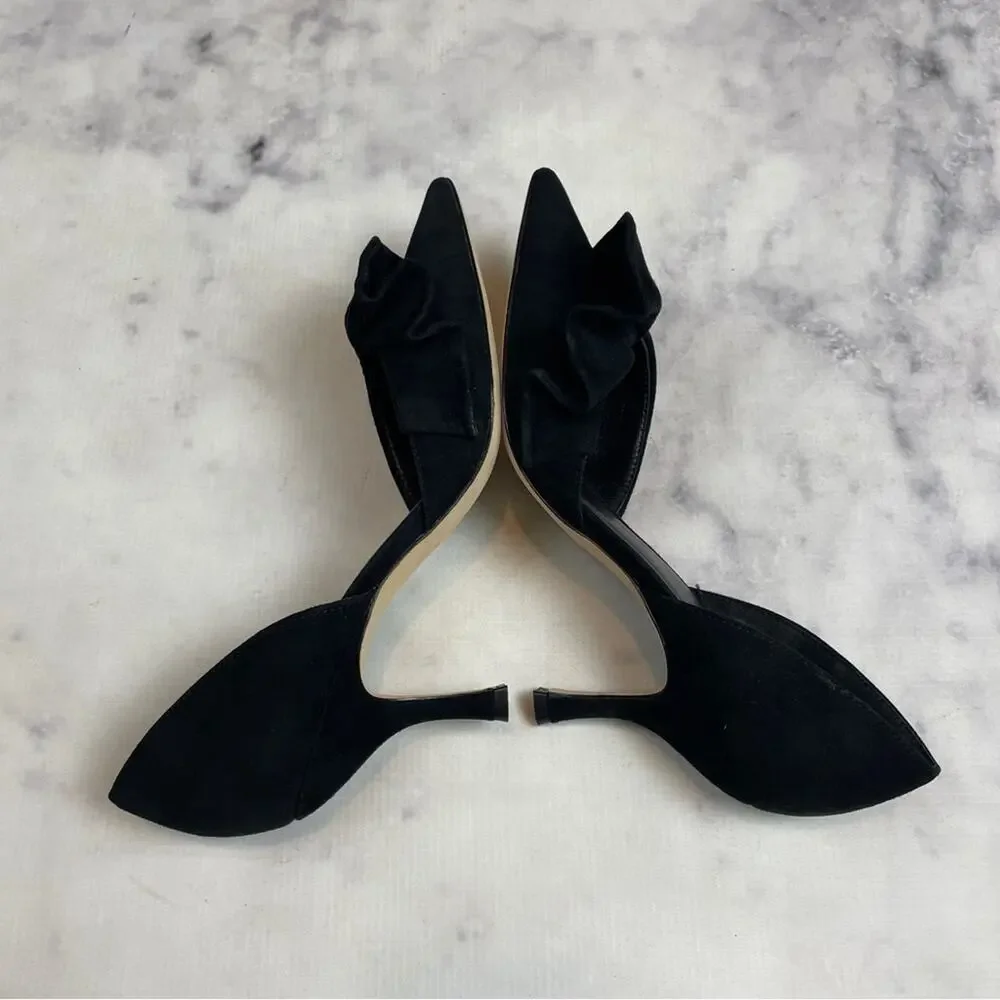 Kate Spade Shayna D’Orsay Ruffle Pumps Black Suede Pointed Toe Heels Sz 9